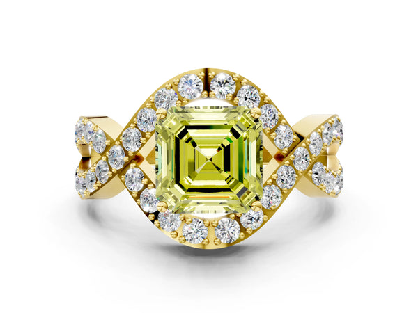 Yellow Gold Asscher Cut Infinity Twist Pave Engagement Ring Setting for Fancy Yellow Center