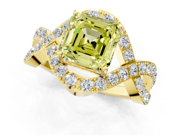 Yellow Gold Asscher Cut Infinity Twist Pave Engagement Ring Setting for Fancy Yellow Center