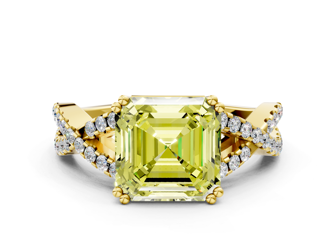 Yellow gold Fancy Yellow Asscher  Solitaire Twist Band with Pavé Setting and Four-Prong Setting