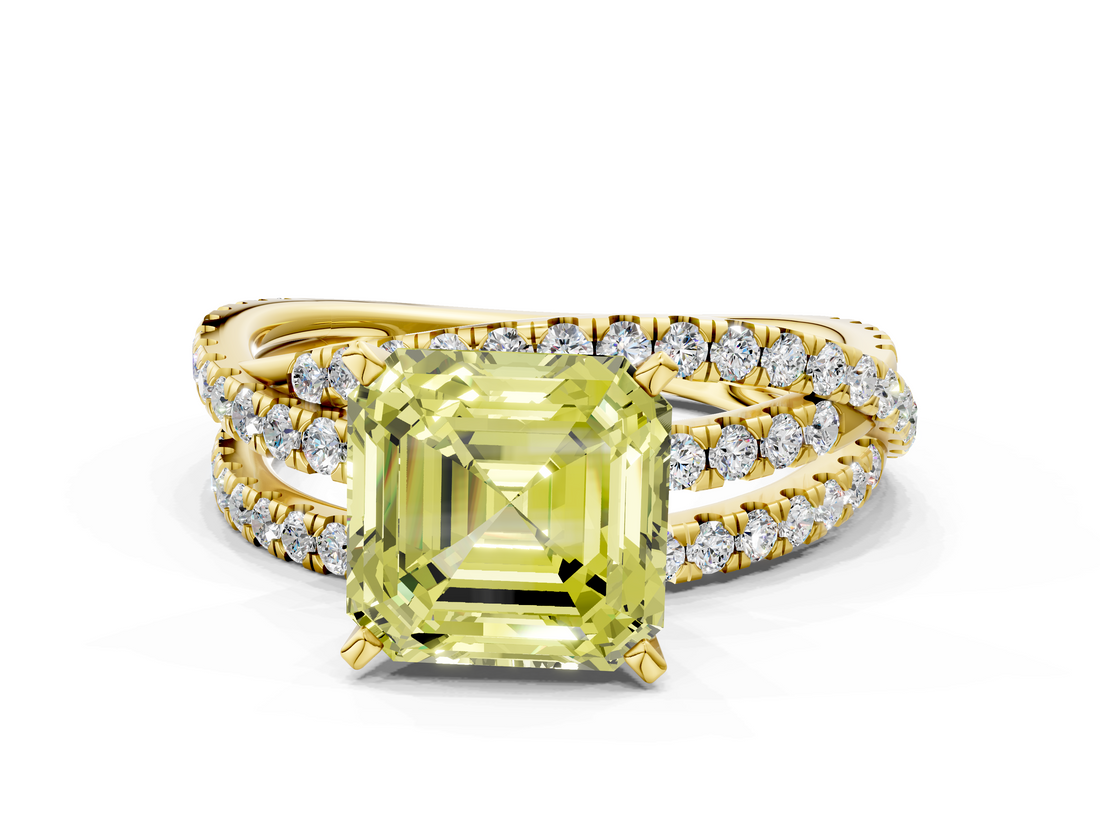 Yellow gold Fancy Yellow Asscher  Solitaire Twist Band with Pavé Setting and Four-Prong Setting