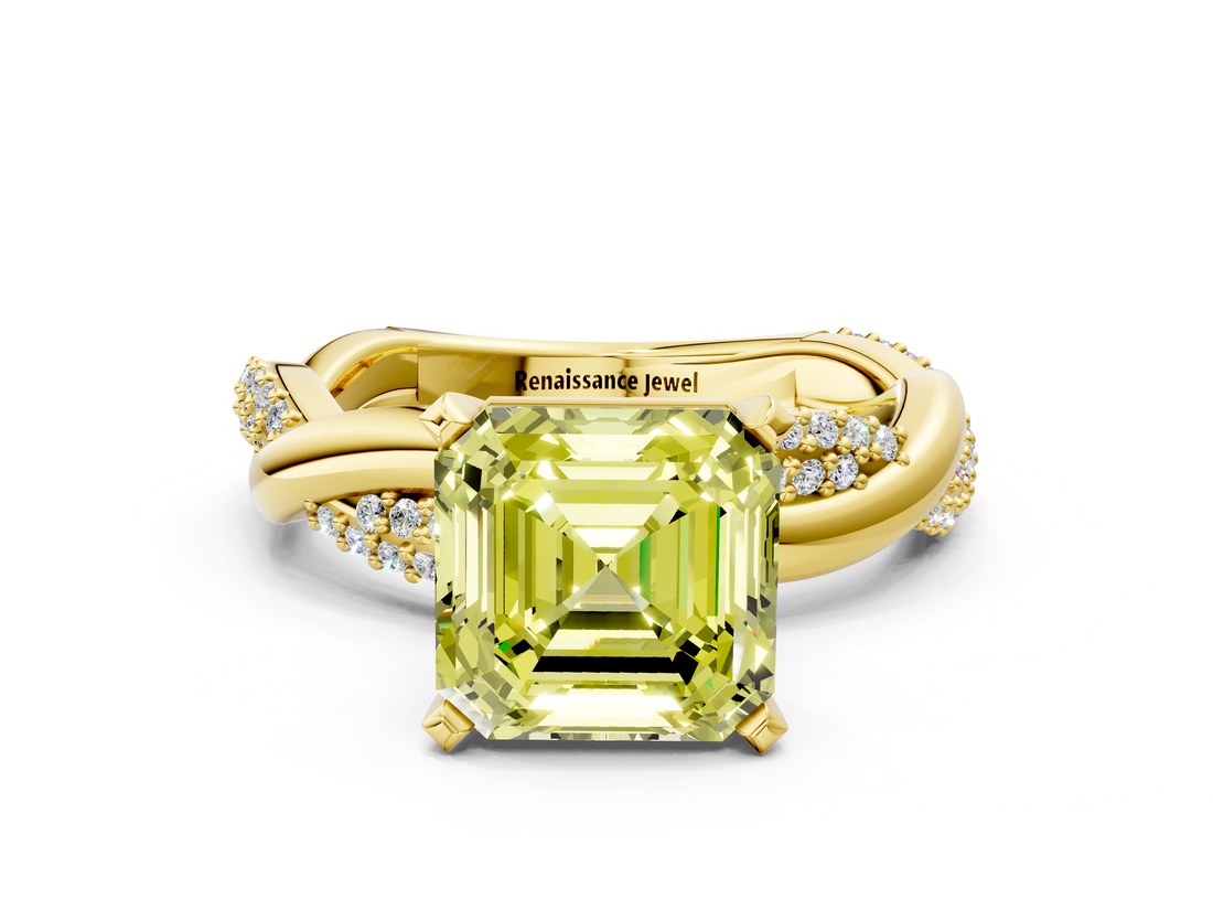 Yellow gold Fancy Yellow Asscher  Solitaire Twist Band with Pave Prong Setting_16