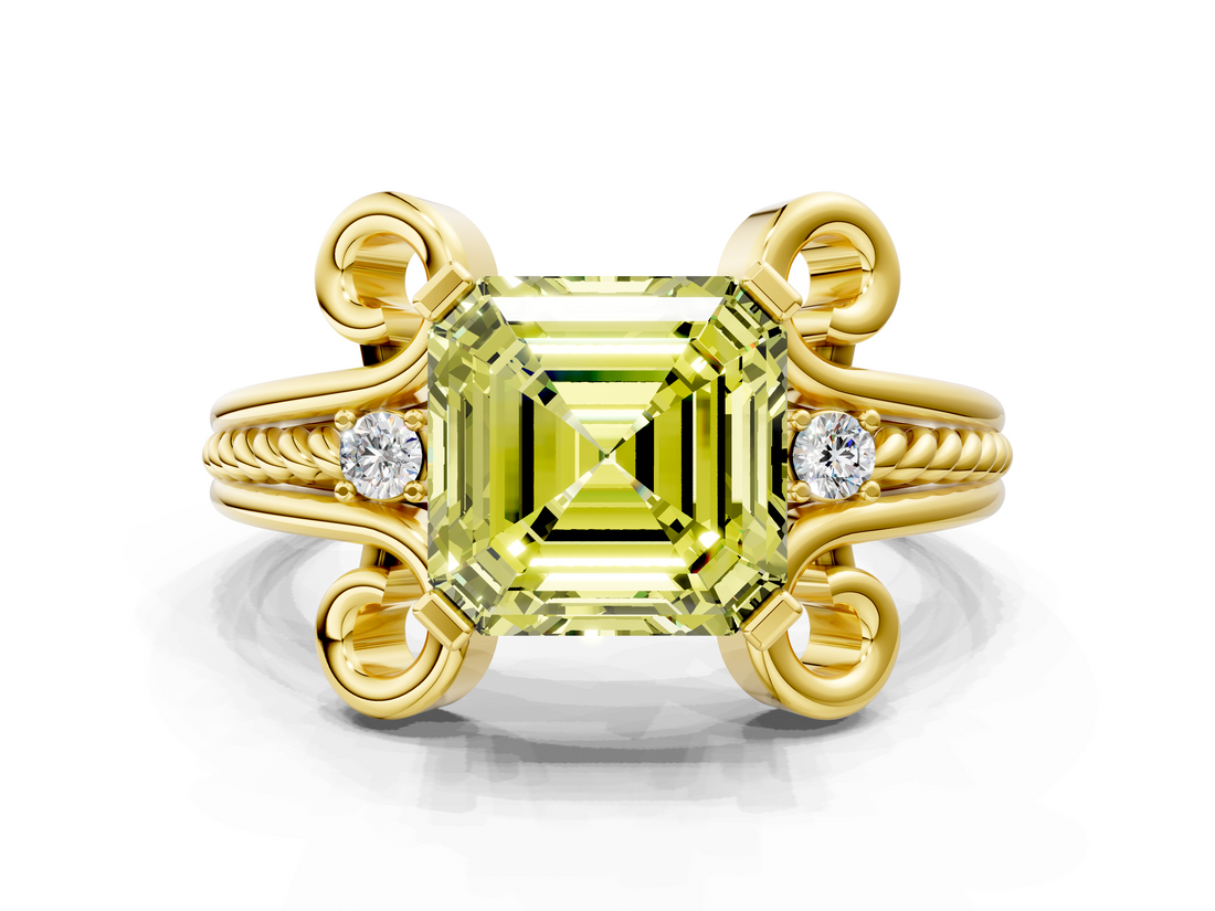 Yellow gold Fancy Yellow Asscher  Solitaire Twisted Band Scroll Prong Ring_3