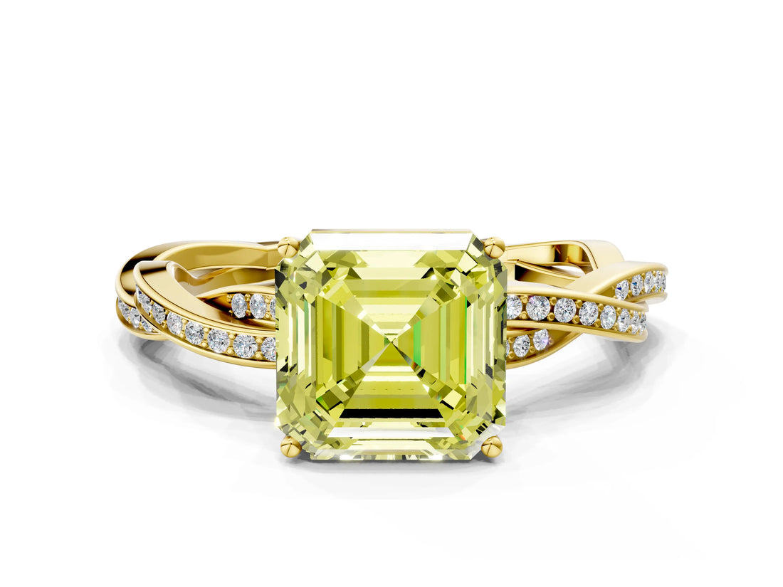 Yellow gold Fancy Yellow Asscher  Solitaire Twisted Pave Diamond Ring with Four-Prong Setting_115