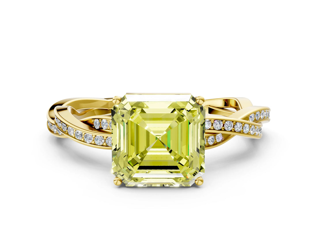 Yellow gold Fancy Yellow Asscher  Solitaire Twisted Pave Diamond Ring with Four-Prong Setting_12