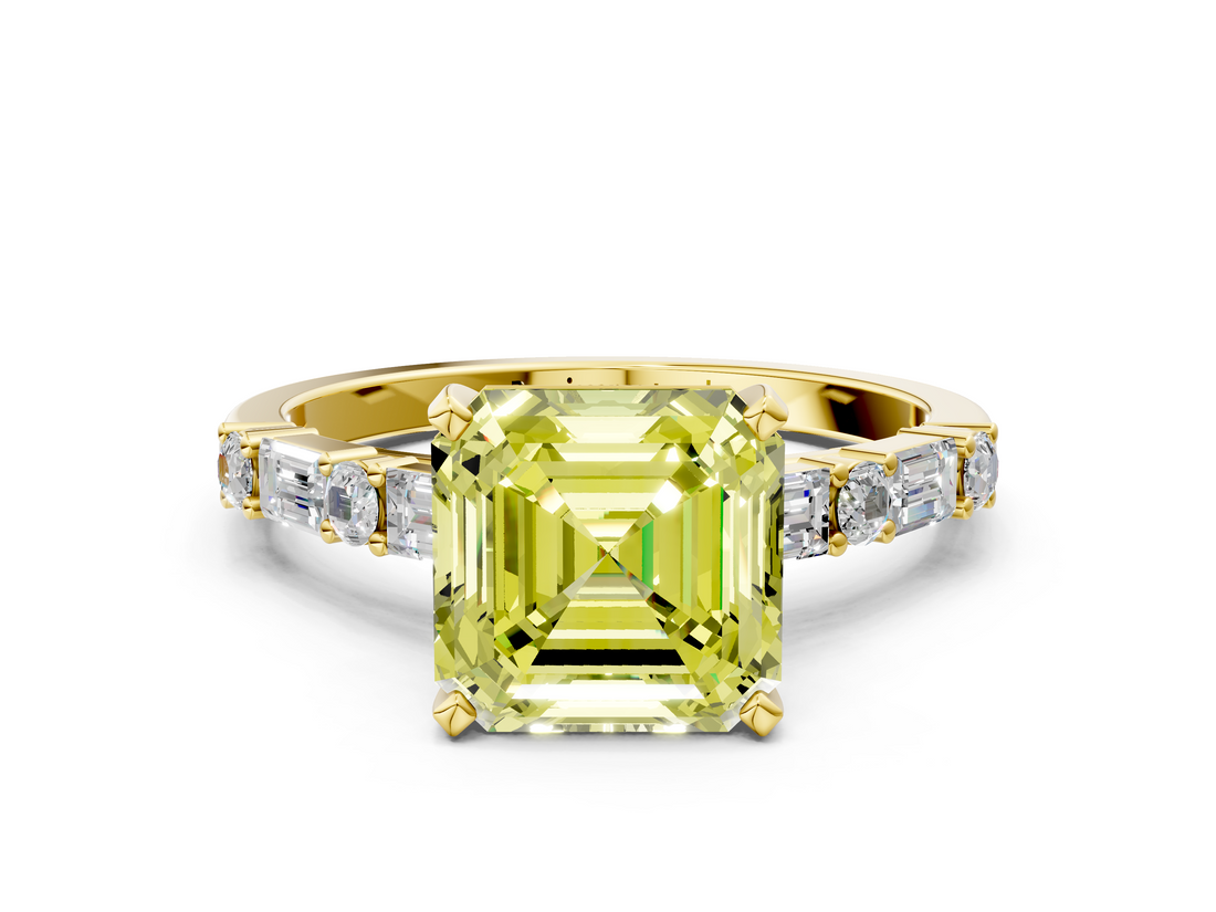 Yellow gold Fancy Yellow Asscher  Solitaire with Side Baguettes and Channel Set Band