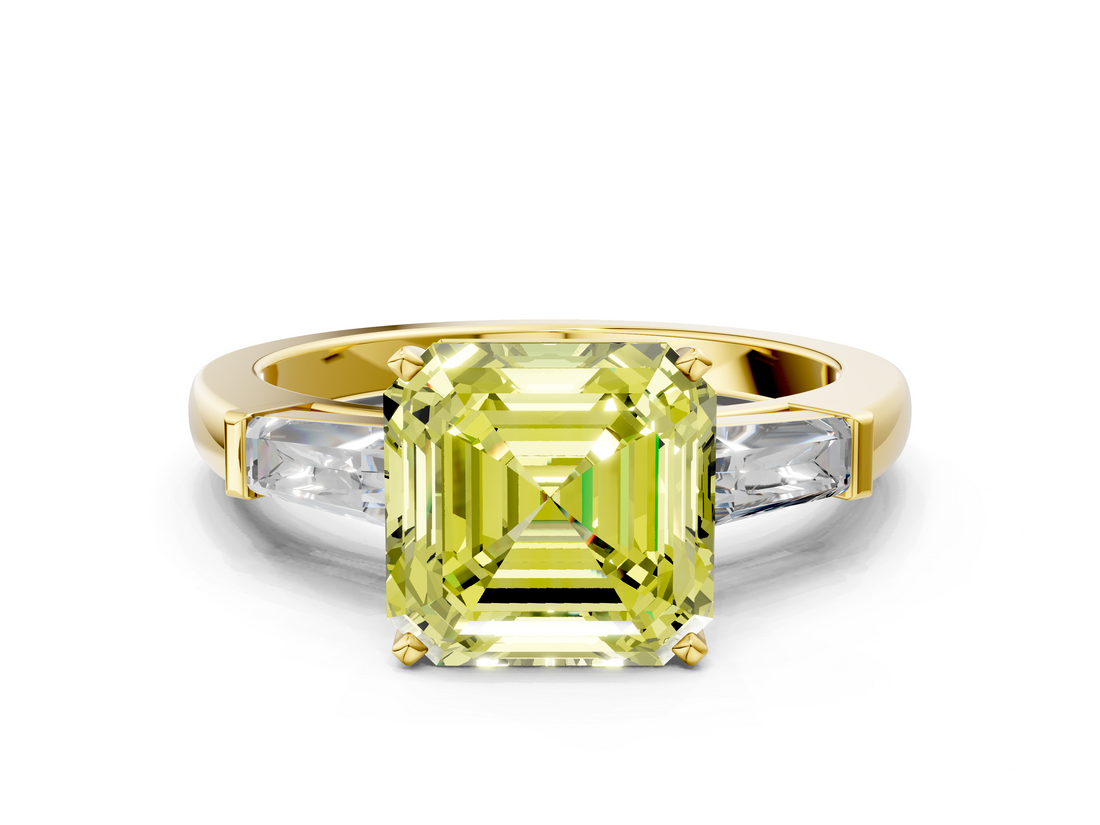 Yellow gold Fancy Yellow Asscher  Solitaire with Tapered Baguette Side Stones on a Classic Band with Four-Prong Setting