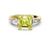 Yellow gold Fancy Yellow Asscher  Solitaire with Tapered Baguette Side Stones on a Classic Band with Four-Prong Setting