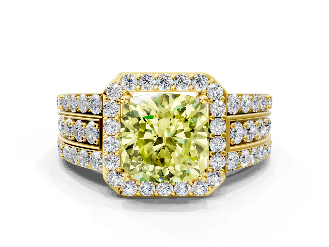 Yellow gold Fancy Yellow Cushion -Cut Halo Diamond Ring with Split Shank and Four-Prong Setting_102