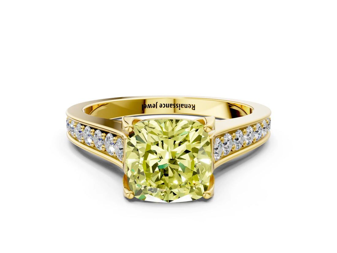 Yellow gold Fancy Yellow Cushion  Brilliant Cut Diamond Engagement Ring with Pavé Band and Four-Prong Setting_48