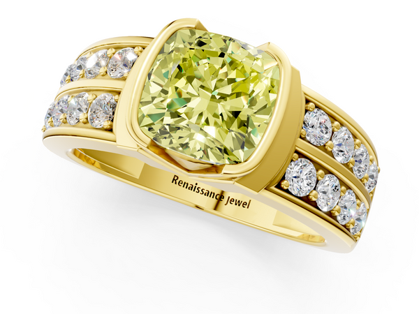 Yellow gold Fancy Yellow Cushion  Brilliant Diamond Channel Set Wide Band Ring with Bezel Setting