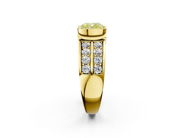 Yellow gold Fancy Yellow Cushion  Brilliant Diamond Channel Set Wide Band Ring with Bezel Setting