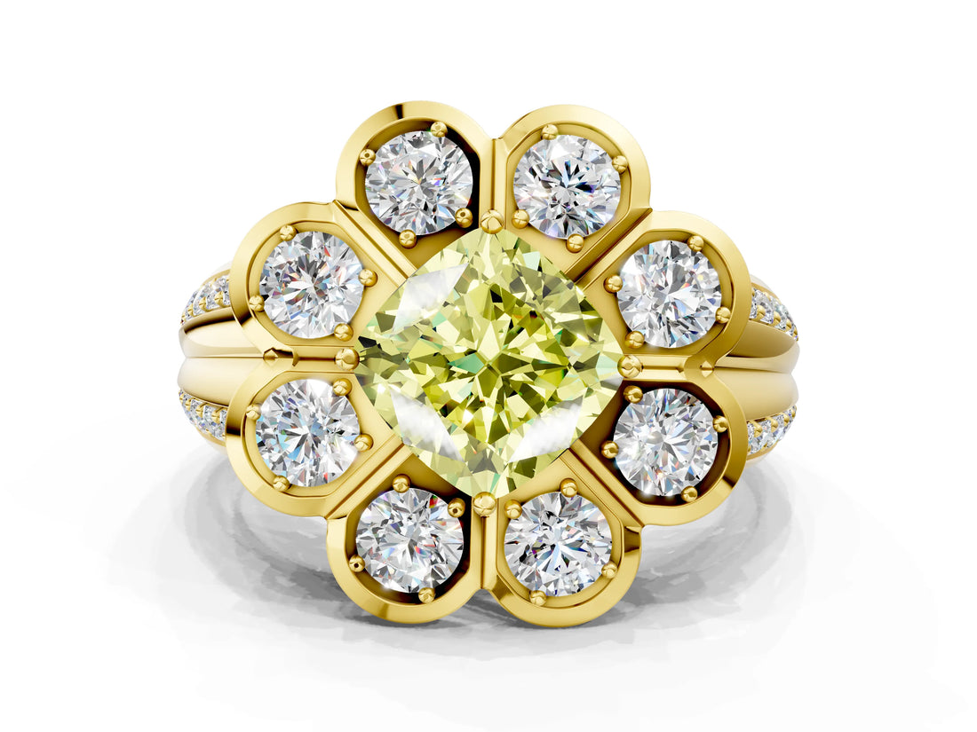 Yellow gold Fancy Yellow Cushion  Brilliant Flower Halo Diamond Split Shank Ring_26