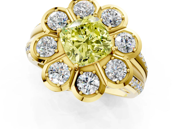 Yellow gold Fancy Yellow Cushion  Brilliant Flower Halo Diamond Split Shank Ring
