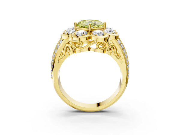 Yellow gold Fancy Yellow Cushion  Brilliant Flower Halo Diamond Split Shank Ring