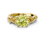 Yellow gold Fancy Yellow Cushion  Brilliant Solitaire with Leaf Motif Band and Four-Prong Setting_63