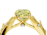 Yellow gold Fancy Yellow Cushion  Brilliant Solitaire with Leaf Motif Band and Four-Prong Setting_67