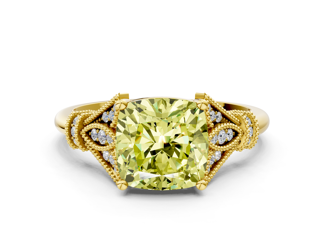 Yellow gold Fancy Yellow Cushion  Brilliant Solitaire with Pave Band and Four-Prong Setting_20