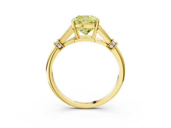 Yellow gold Fancy Yellow Cushion  Diamond Solitaire Ring with Floral Filigree and Pave Accents