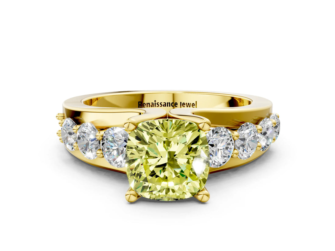 Yellow gold Fancy Yellow Cushion  Brilliant Solitaire with Side Stones on a Pave Band and Four-Prong Setting_24