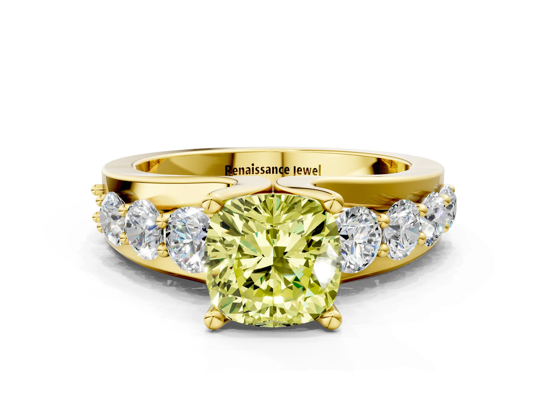 Yellow gold Fancy Yellow Cushion  Brilliant Solitaire with Side Stones on a Pave Band and Four-Prong Setting_37