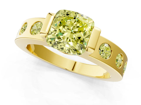 Yellow gold Fancy Yellow Cushion Cut Brilliant Channel-Set Diamond Ring with Bezel Prong Setting_1
