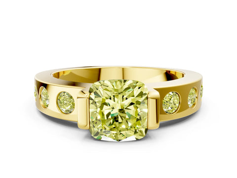 Yellow gold Fancy Yellow Cushion Cut Brilliant Channel-Set Diamond Ring with Bezel Prong Setting