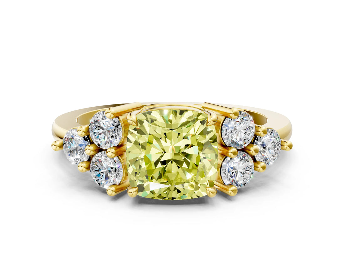 Yellow gold Fancy Yellow Cushion Cut Brilliant Diamond Cluster Accent Solitaire Ring with Prong Setting