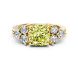 Yellow gold Fancy Yellow Cushion Cut Brilliant Diamond Cluster Accent Solitaire Ring with Prong Setting