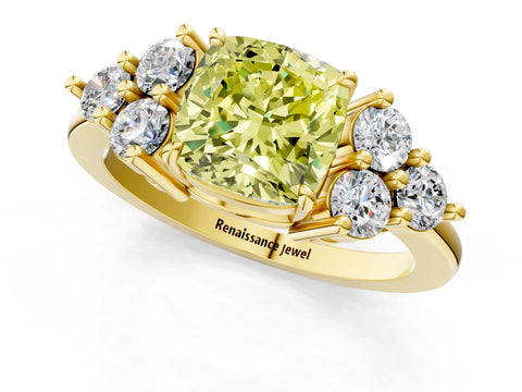 Yellow gold Fancy Yellow Cushion Cut Brilliant Diamond Cluster Accent Solitaire Ring with Prong Setting_1