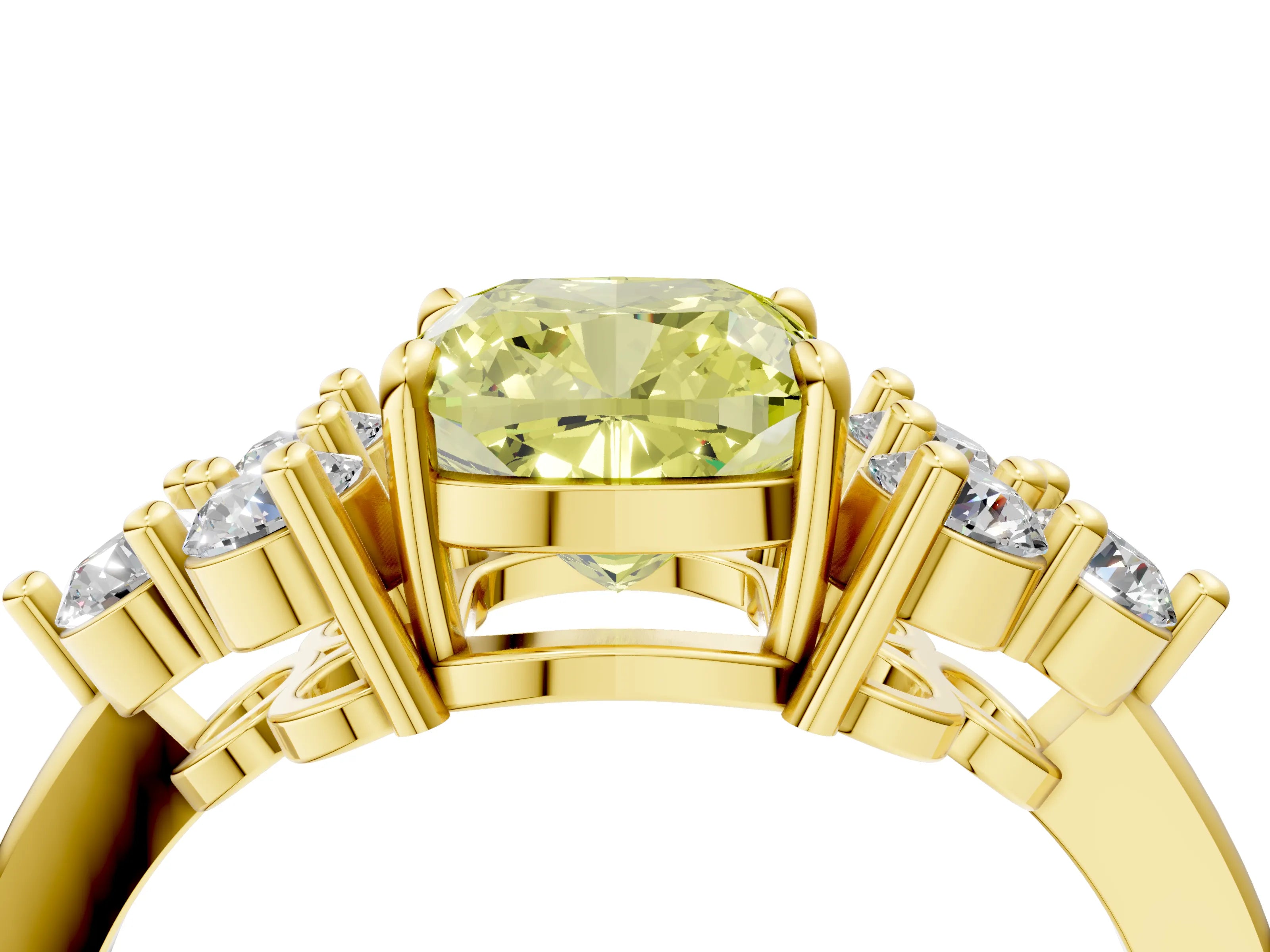 Yellow gold Fancy Yellow Cushion Cut Brilliant Diamond Cluster Accent Solitaire Ring with Prong Setting_4