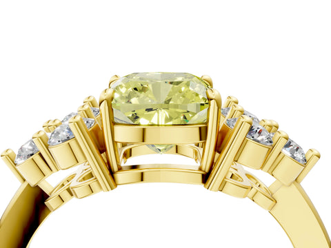 Yellow gold Fancy Yellow Cushion Cut Brilliant Diamond Cluster Accent Solitaire Ring with Prong Setting_4