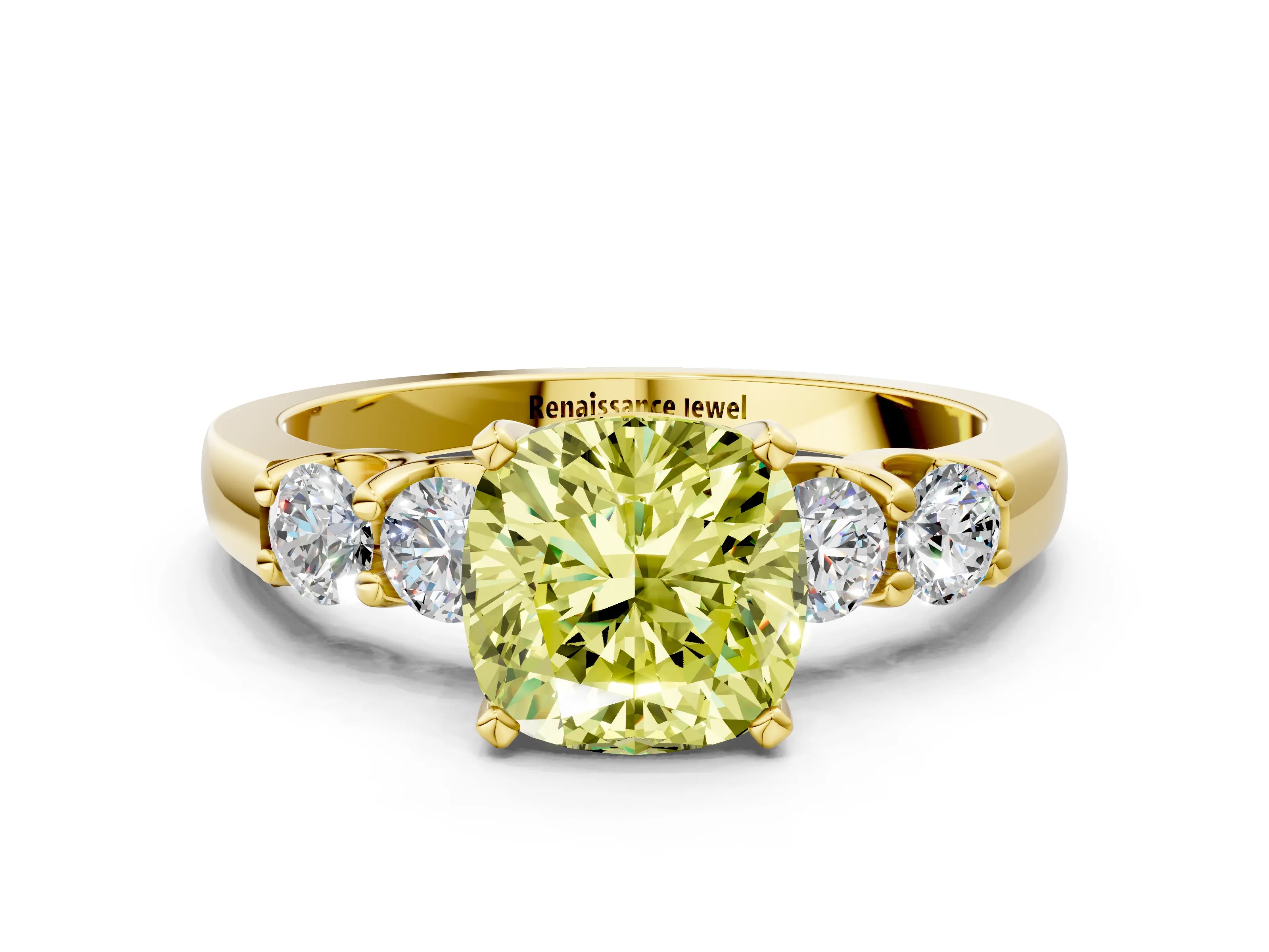 Yellow gold Fancy Yellow Cushion Cut Brilliant Diamond Five-Stone Engagement Ring with Prong Setting on a Classic Band_3