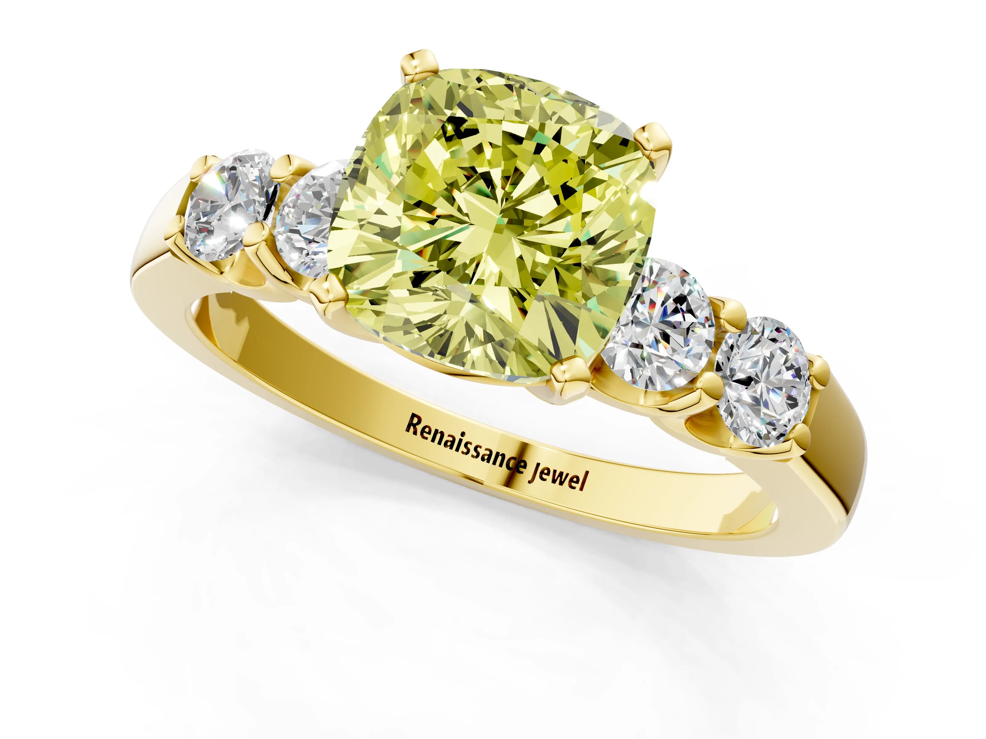 Yellow gold Fancy Yellow Cushion Cut Brilliant Diamond Five-Stone Engagement Ring with Prong Setting on a Classic Band_4