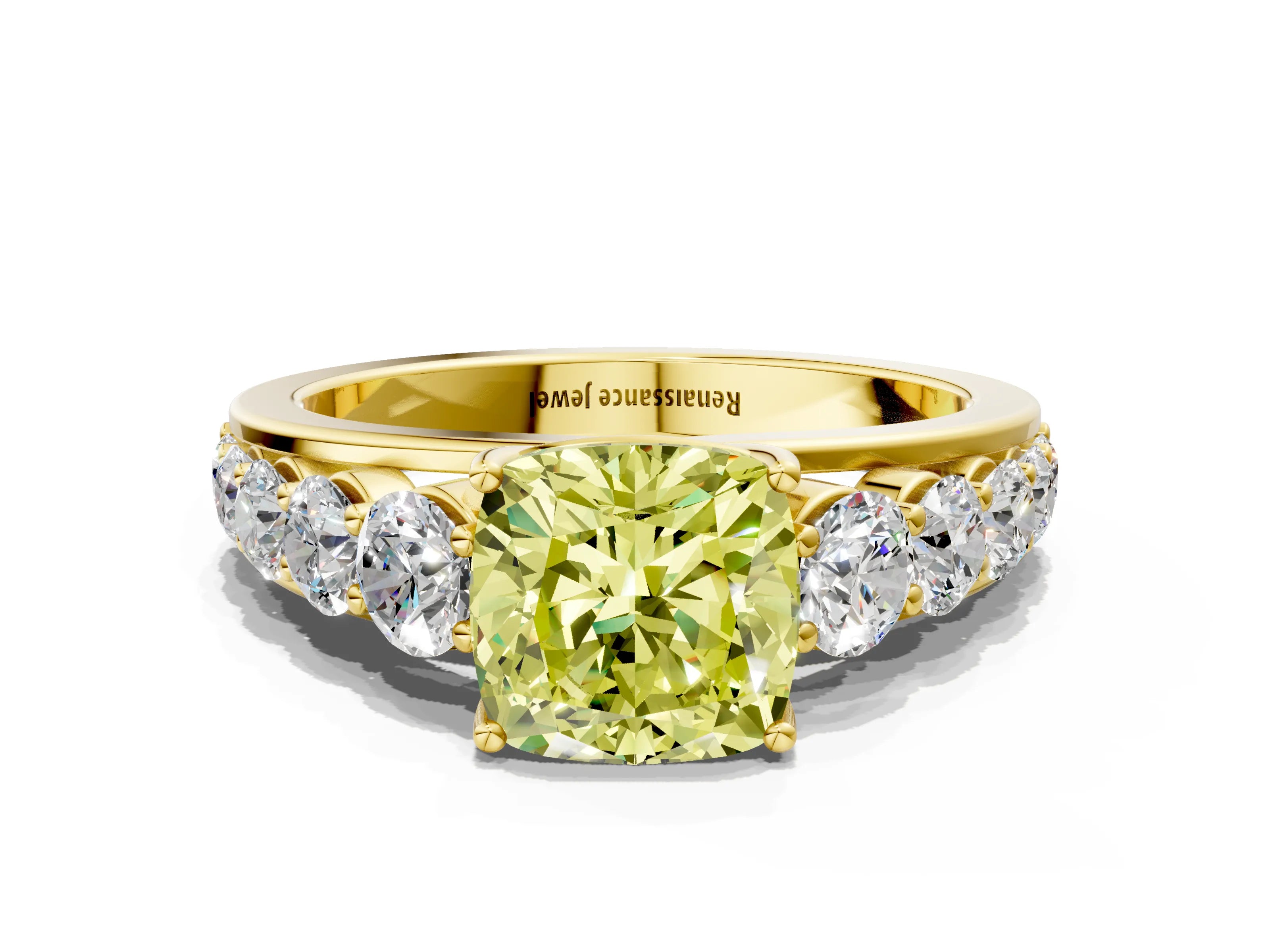 Yellow gold Fancy Yellow Cushion Cut Brilliant Diamond Pavé Band with Six-Prong Setting