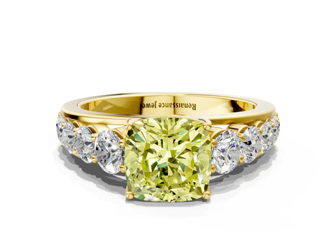 Yellow gold Fancy Yellow Cushion Cut Brilliant Diamond Pavé Band with Six-Prong Setting