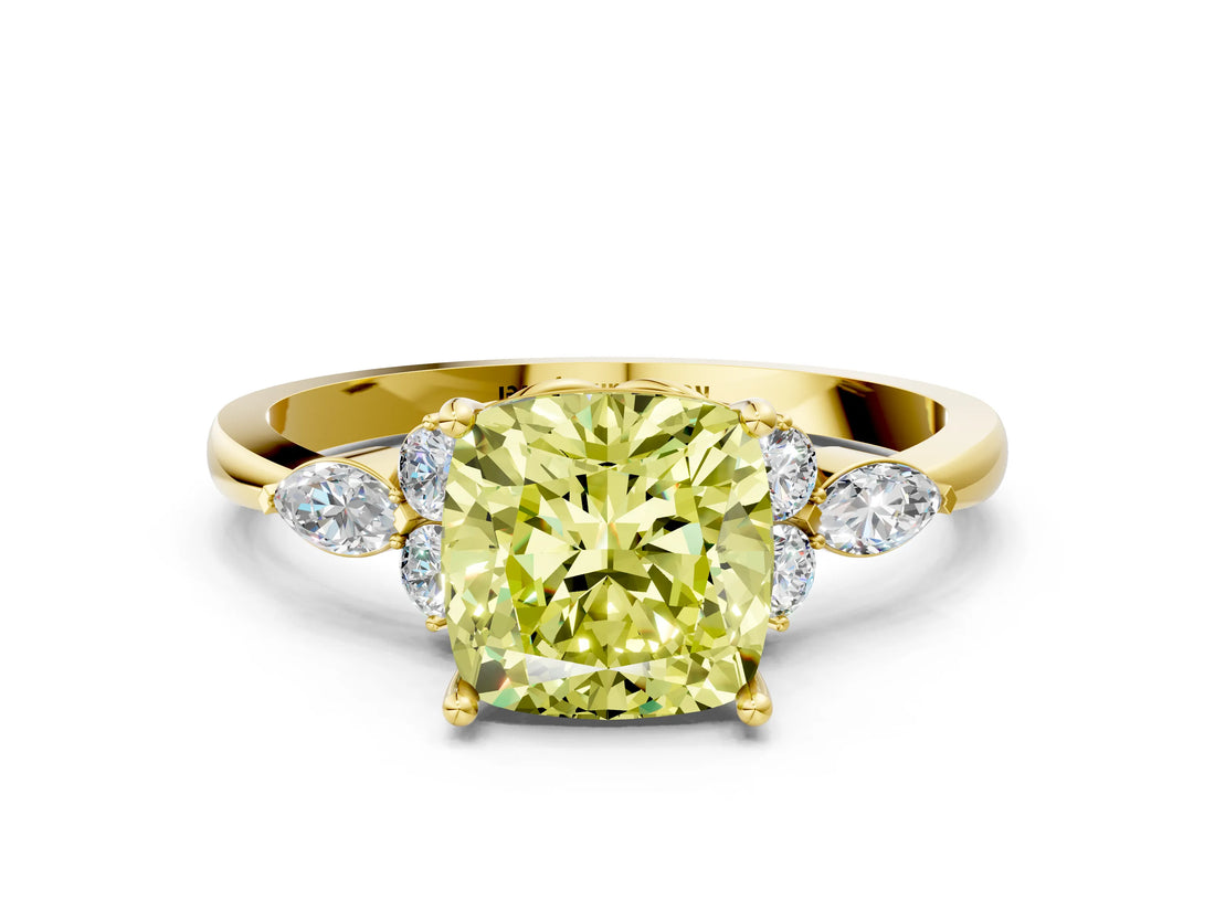 Yellow gold Fancy Yellow Cushion Cut Brilliant Diamond Solitaire Ring with Pear Side Stones and Four-Prong Setting_3