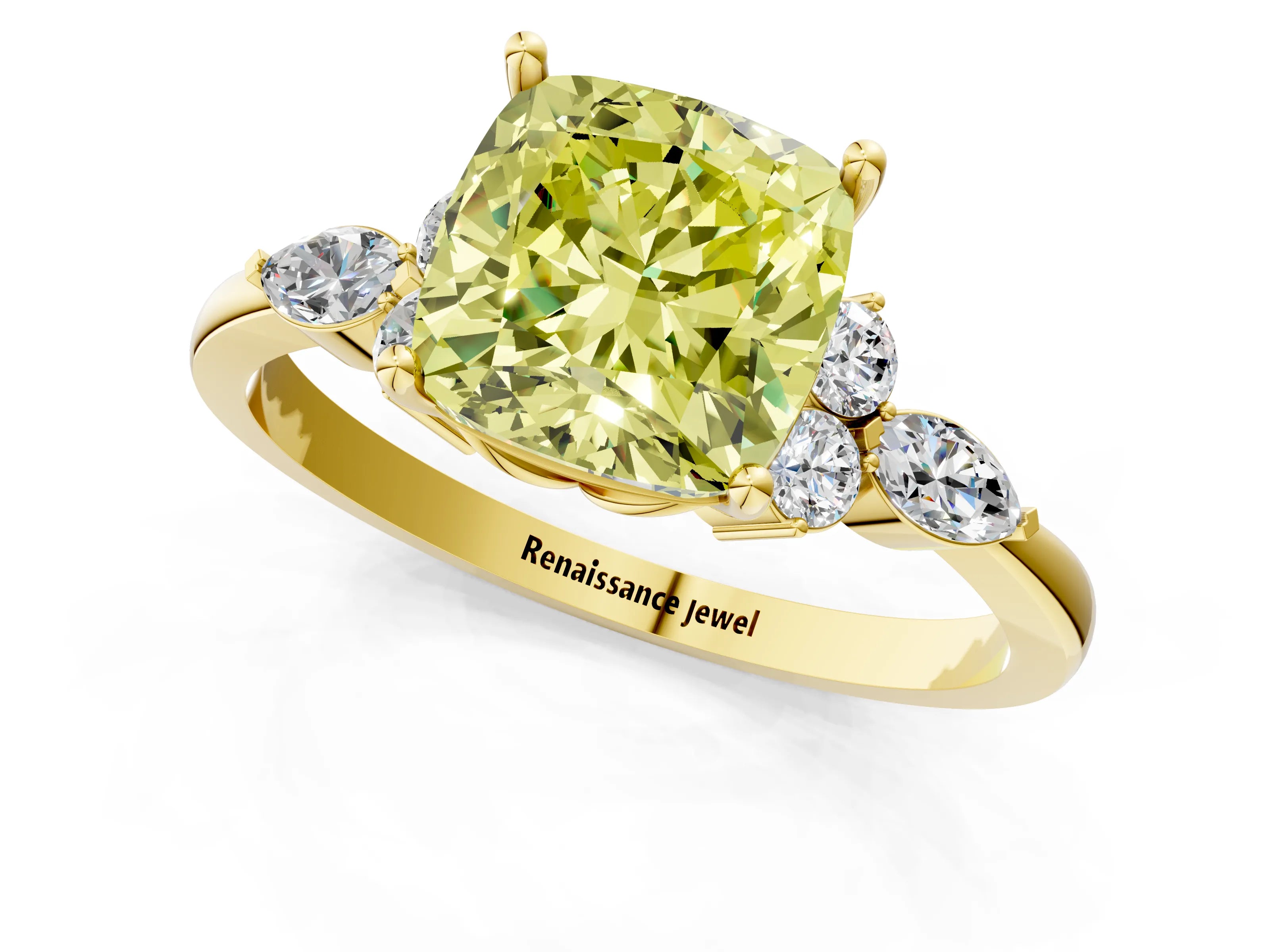 Yellow gold Fancy Yellow Cushion Cut Brilliant Diamond Solitaire Ring with Pear Side Stones and Four-Prong Setting_4