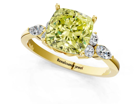 Yellow gold Fancy Yellow Cushion Cut Brilliant Diamond Solitaire Ring with Pear Side Stones and Four-Prong Setting_4