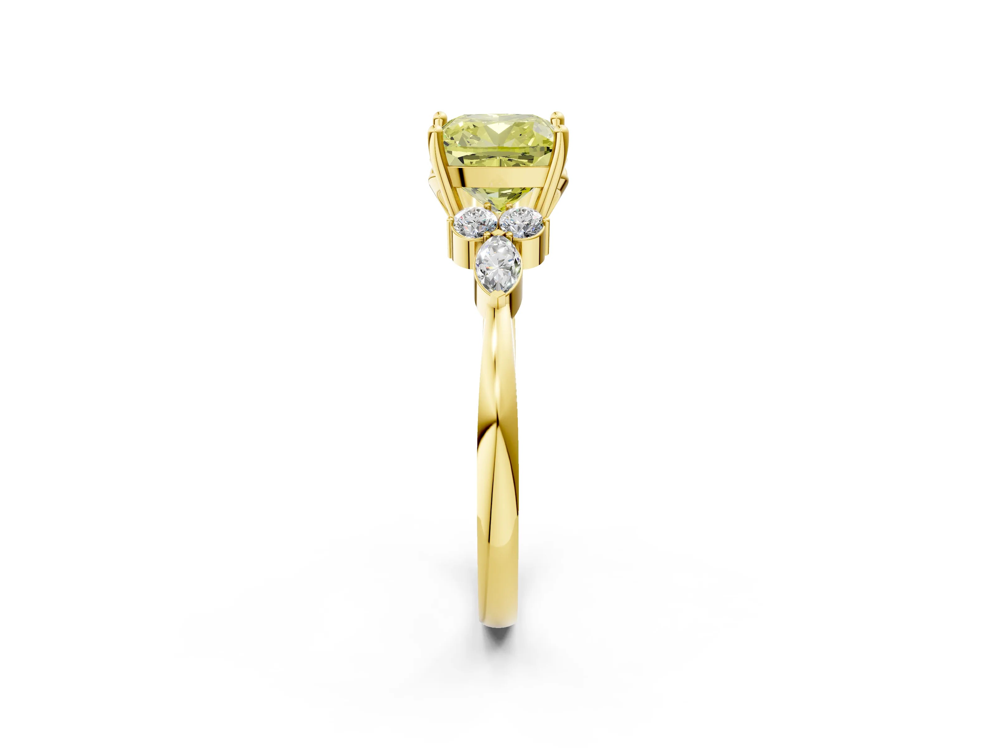 Yellow gold Fancy Yellow Cushion Cut Brilliant Diamond Solitaire Ring with Pear Side Stones and Four-Prong Setting_5