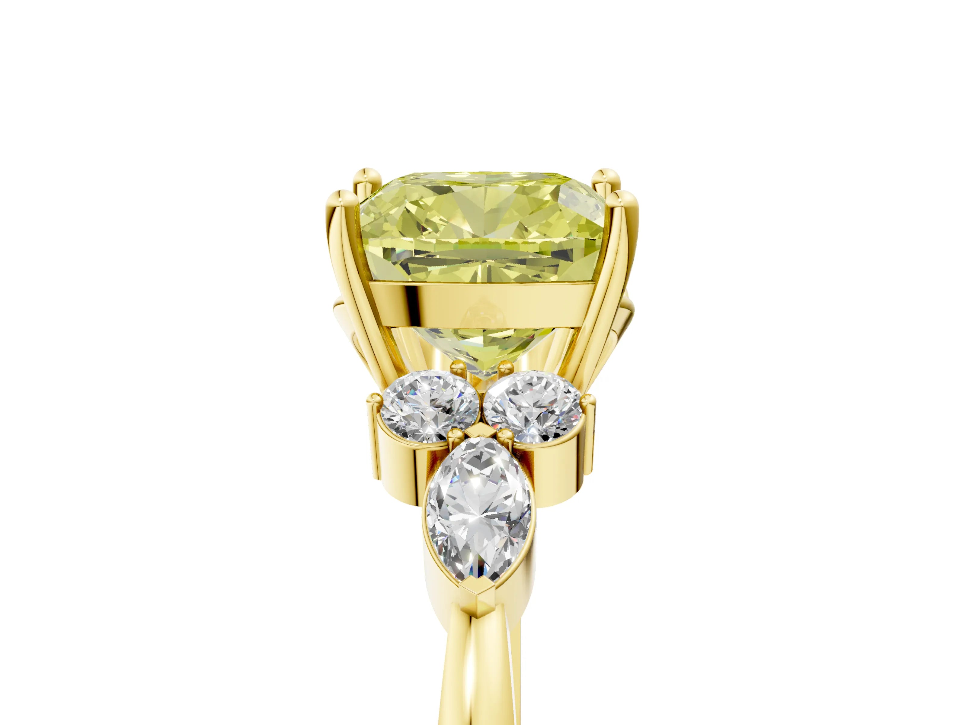 Yellow gold Fancy Yellow Cushion Cut Brilliant Diamond Solitaire Ring with Pear Side Stones and Four-Prong Setting_8