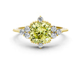 Yellow gold Fancy Yellow Cushion Cut Brilliant Diamond with Cluster Setting on a Beaded Band and Four-Prong Setting