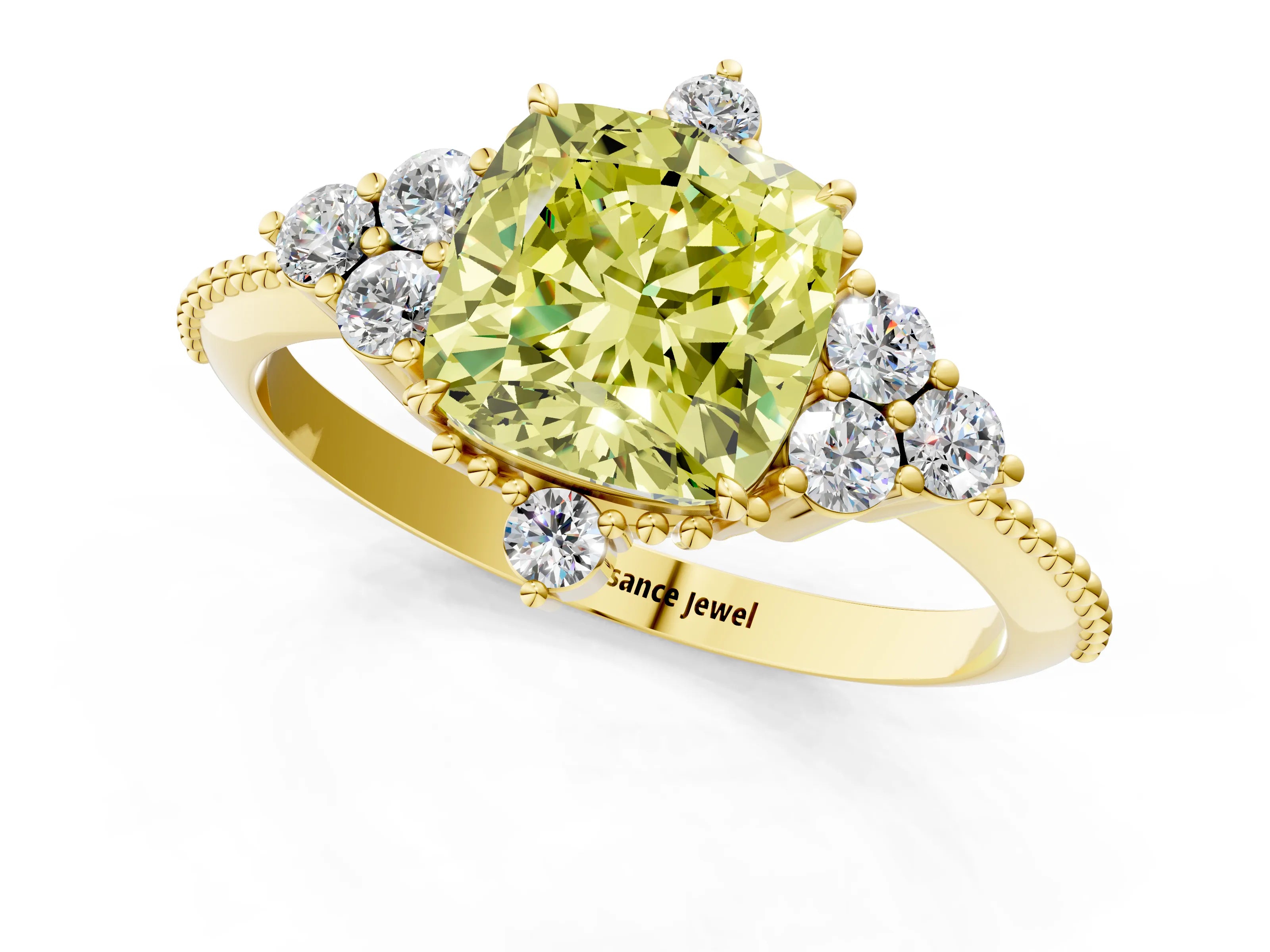 Yellow gold Fancy Yellow Cushion Cut Brilliant Diamond with Cluster Setting on a Beaded Band and Four-Prong Setting_1