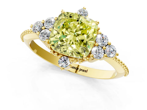 Yellow gold Fancy Yellow Cushion Cut Brilliant Diamond with Cluster Setting on a Beaded Band and Four-Prong Setting_1