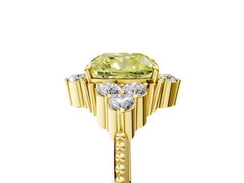 Yellow gold Fancy Yellow Cushion Cut Brilliant Diamond with Cluster Setting on a Beaded Band and Four-Prong Setting_5