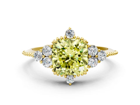 Yellow gold Fancy Yellow Cushion Cut Brilliant Diamond with Cluster Setting on a Beaded Band and Four-Prong Setting