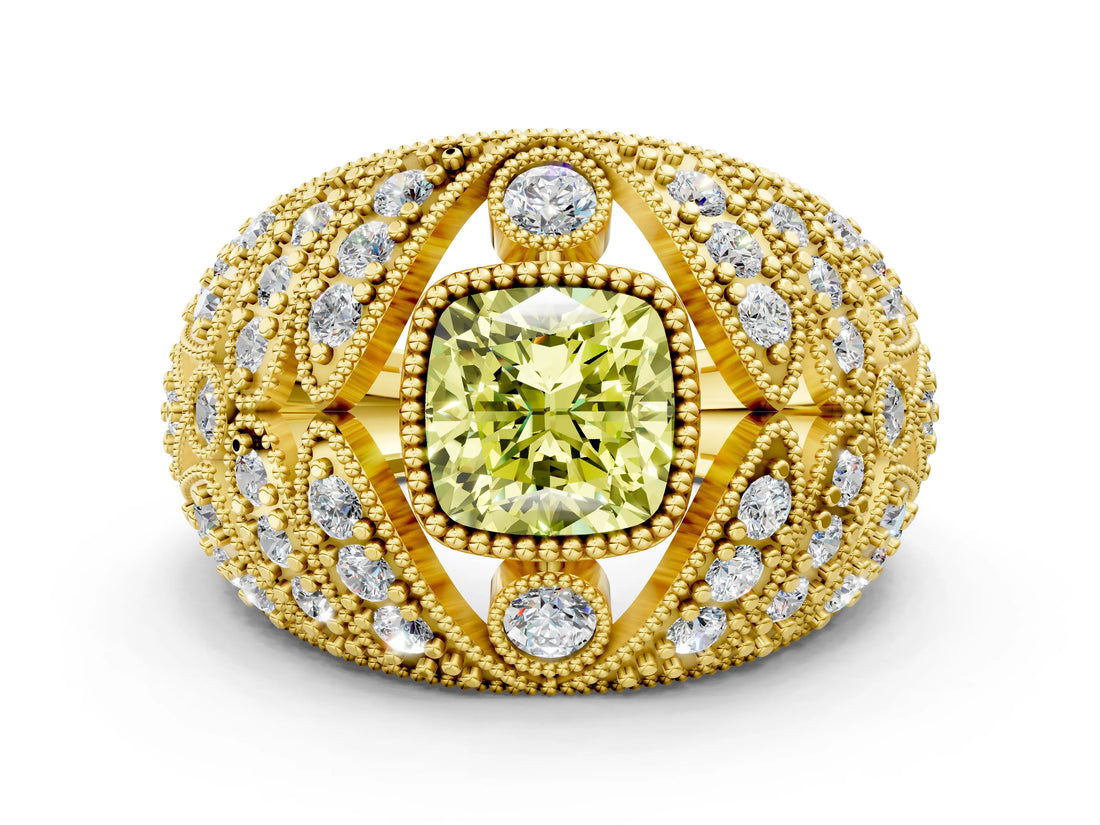 Yellow gold Fancy Yellow Cushion Cut Brilliant Halo Pave Diamond Milgrain Ring