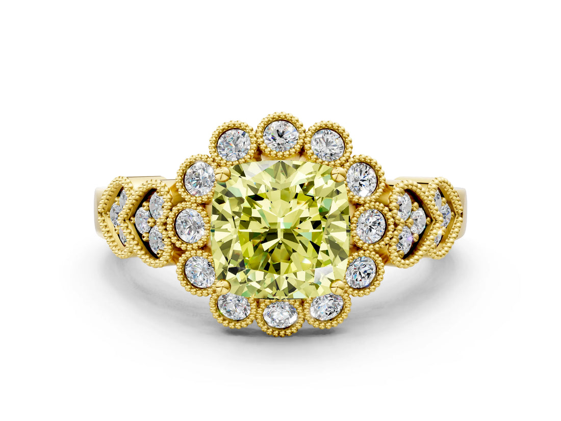 Yellow gold Fancy Yellow Cushion Cut Brilliant Milgrain Pave Heart Band Solitaire Ring