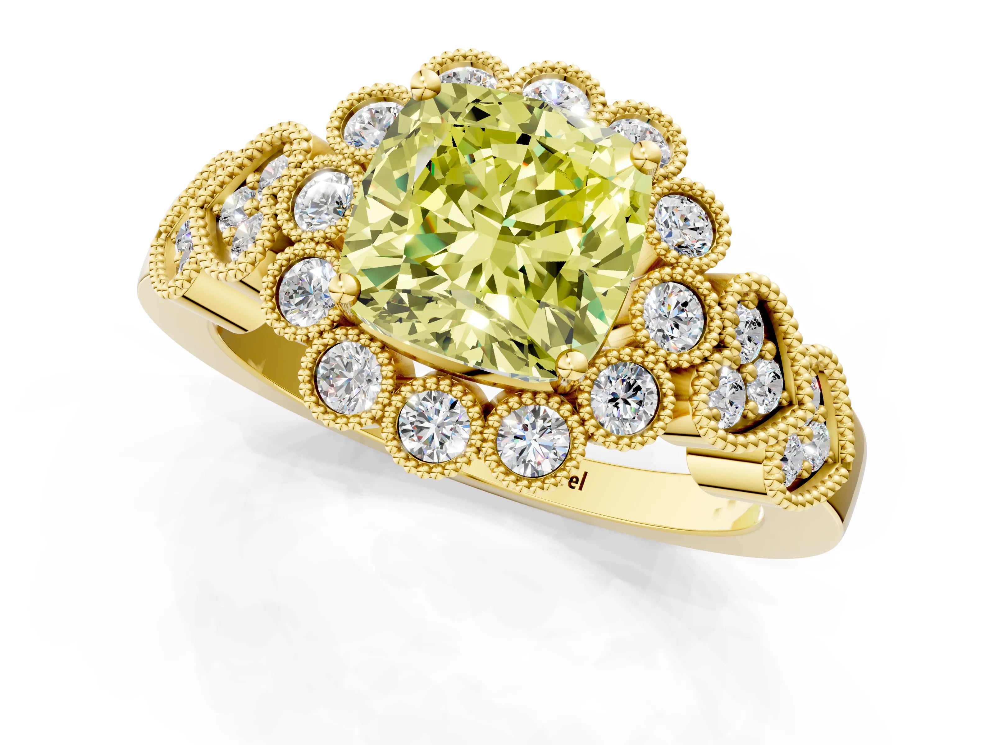 Yellow gold Fancy Yellow Cushion Cut Brilliant Milgrain Pave Heart Band Solitaire Ring_1