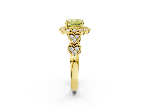 Yellow gold Fancy Yellow Cushion Cut Brilliant Milgrain Pave Heart Band Solitaire Ring_2