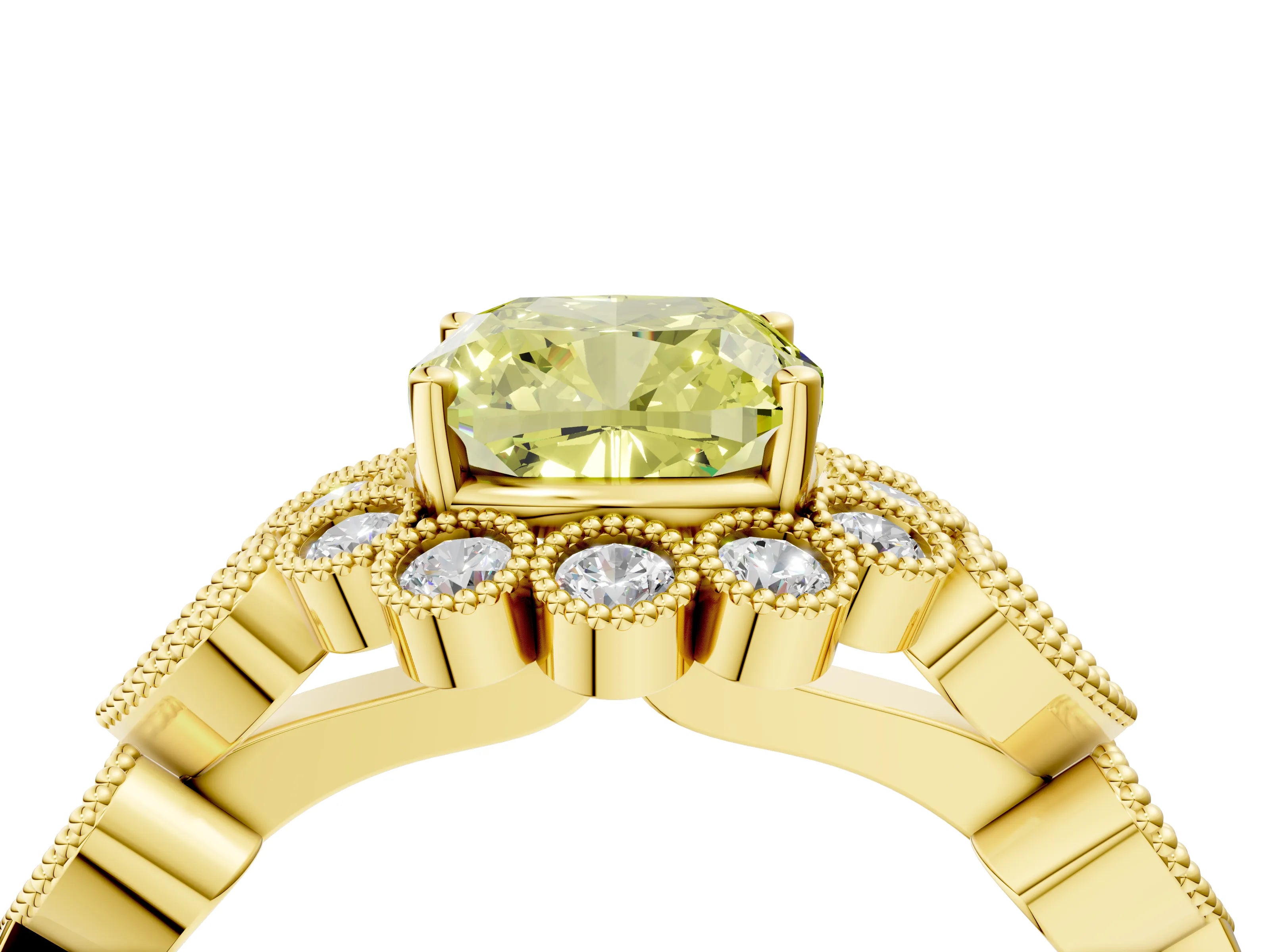 Yellow gold Fancy Yellow Cushion Cut Brilliant Milgrain Pave Heart Band Solitaire Ring_4